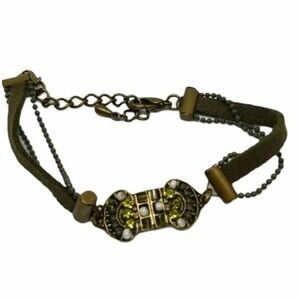 Antiqued Gold Tone Bracelet Romantic Green White Beadwork Faux Suede adjustable